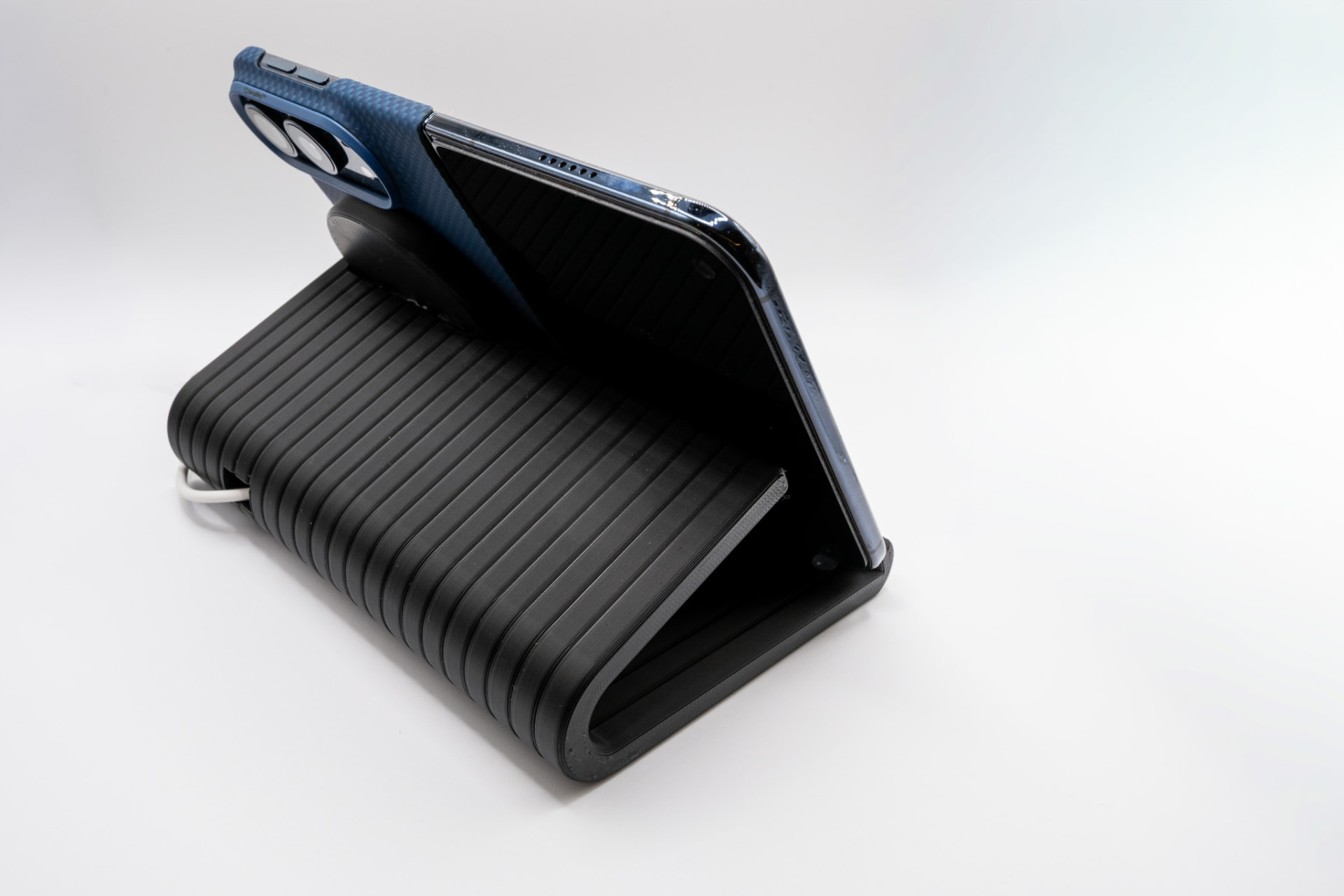 Rear view of iPhone Duo docked on Duock